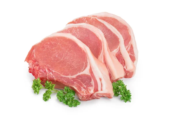 Carne de cerdo cruda en rodajas con perejil aislado sobre fondo blanco — Foto de Stock