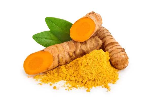 Turmeric root and powder isolated on white background close up — Stock Photo, Image