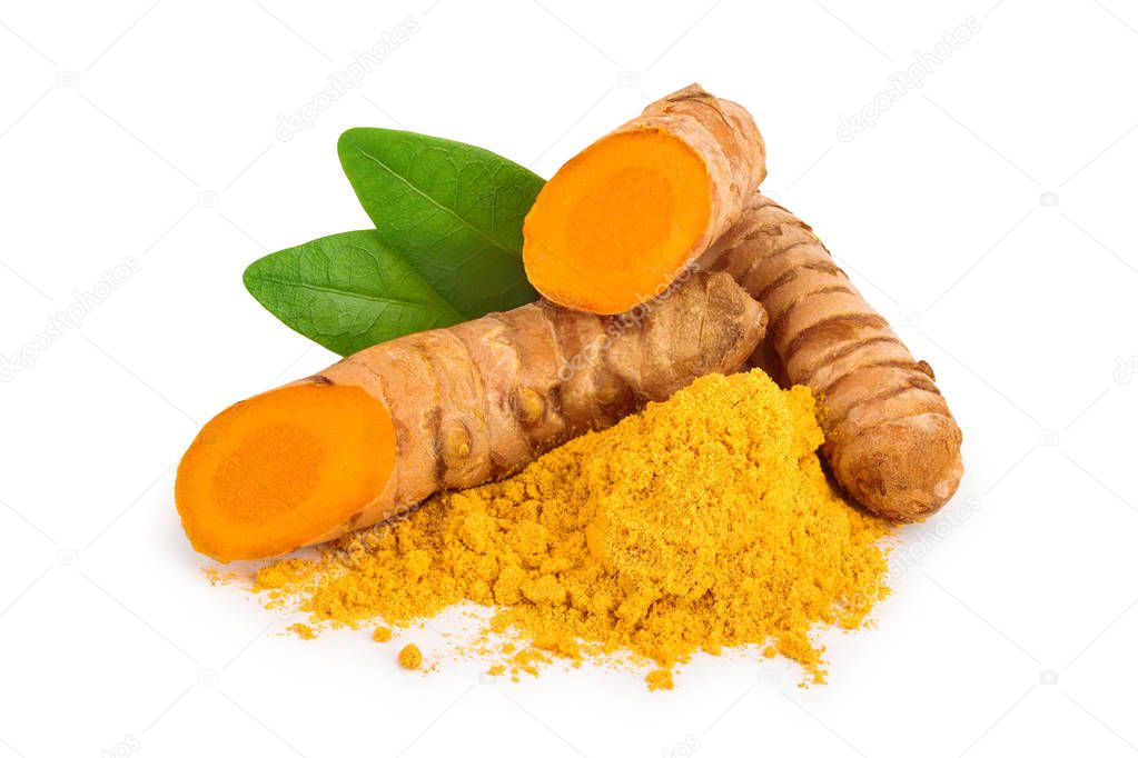turmeric root and powder isolated on white background close up