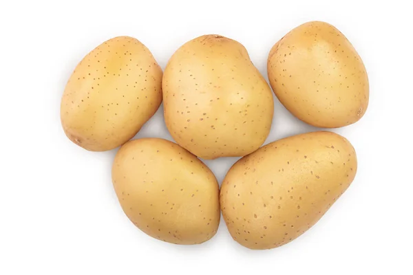 흰색 배경에 고립 된 젊은 감자. 새로운 수확. 맨 위 보기. 플랫 레이 — 스톡 사진