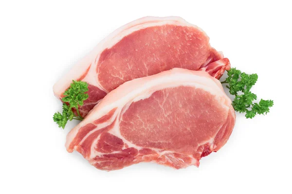 Carne de cerdo cruda en rodajas con perejil aislado sobre fondo blanco. Vista superior. Puesta plana — Foto de Stock