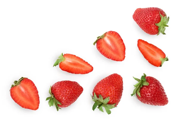 Erdbeeren isoliert auf weißem Hintergrund mit Kopierplatz für Ihren Text. Ansicht von oben. Flaches Lagemuster — Stockfoto