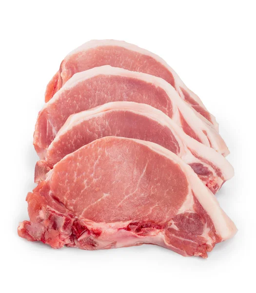 Felii de carne de porc crud izolate pe fundal alb. Privire de sus. Plat lay — Fotografie, imagine de stoc