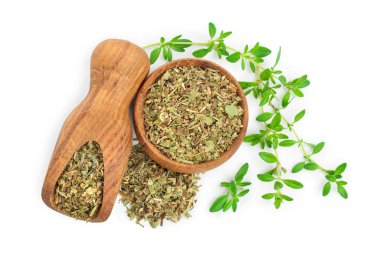 Ahşap kase ve kepçe kurutulmuş kekik yaprakları, taze kekik beyaz arka plan üzerinde izole ile. Üstte görüntü