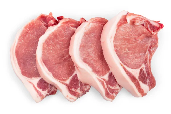 Carne de cerdo cruda en rodajas aislada sobre fondo blanco. Vista superior. Puesta plana —  Fotos de Stock