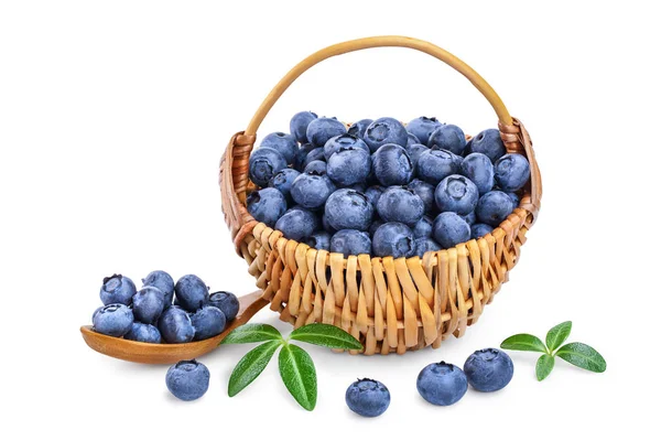 Fresh ripe blueberry in wooden basket isolated on white background — Stock Photo, Image