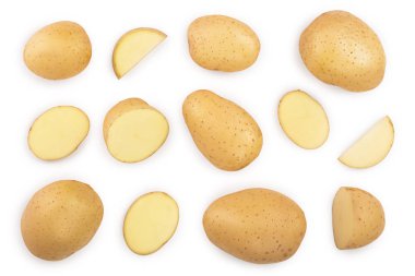 Genç patates beyaz arka plan üzerinde izole. Hasat yeni. Üst te. Düz yatıyordu,