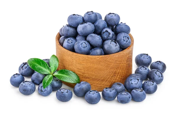 Fresh ripe blueberry in wooden bowl isolated on white background — Stock Photo, Image
