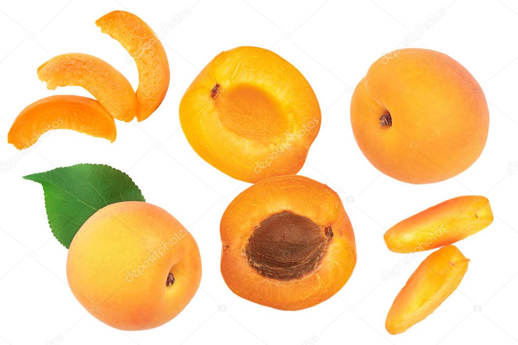 Apricot fruit with half isolated on white background macro