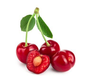 Yaprak ve beyaz arka plan üzerinde izole closeup kesilmiş bazı kiraz