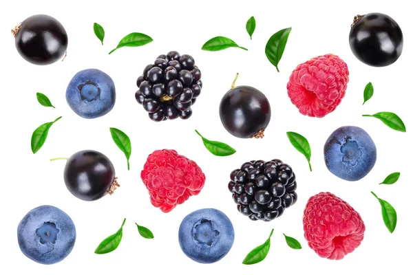 Mix of blackberry blueberry raspberry isolated on white background. Top view. Flat lay pattern — Stock Photo, Image