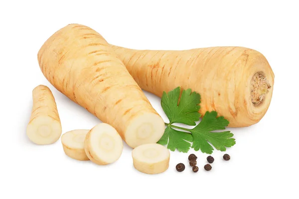 Parsnip root and slices with parsley peppercorns isolated on white background closeup — ストック写真