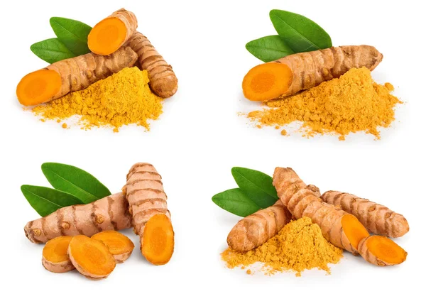 Set o raccolta di curcuma in polvere e radice di curcuma isolato su sfondo bianco con spazio di copia per il testo. Vista dall'alto. Posa piatta — Foto Stock