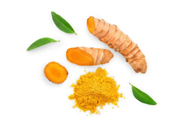 Turmeric powder and turmeric root isolated on white background. Top view. Flat lay — Stock Photo, Image