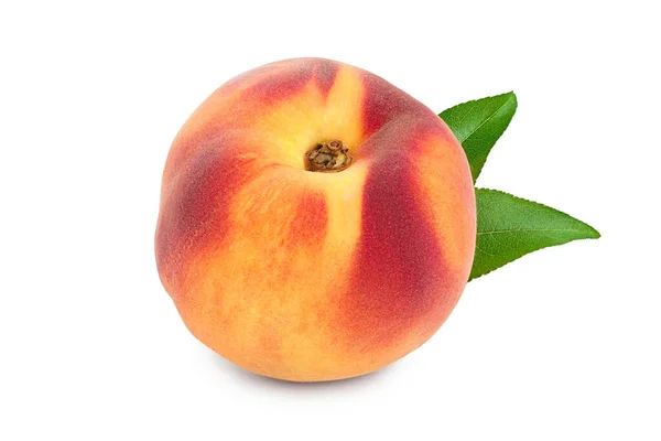 Ripe peach fruit with leaf isolated on white background — Stock Photo, Image