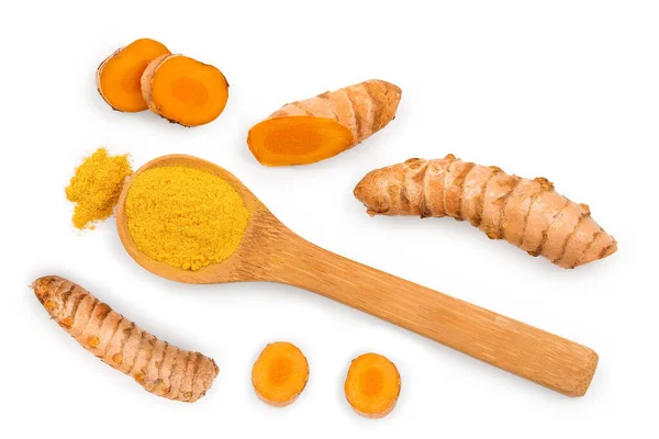 Pulbere de turmeric și rădăcină de turmeric izolate pe fundal alb. Privire de sus. Plat lay — Fotografie, imagine de stoc