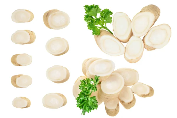 Parsley root slices isolated on white background. Top view. Flat lay, Set or collection — Stock Photo, Image