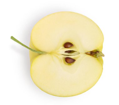 Sarı elma beyaz arka planda yarı izole edilmiş, kırpma yolu ve tam derinlikte bir alan. Üst Manzara. Düz yatıyordu.