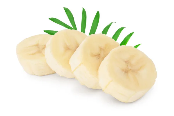 Banánové kousky izolované na bílém pozadí s oříznutou dráhou a plnou hloubkou pole. — Stock fotografie