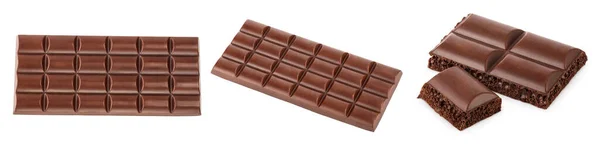 Petits morceaux de chocolat noir isolés sur fond blanc avec chemin de coupe. Set ou collection — Photo