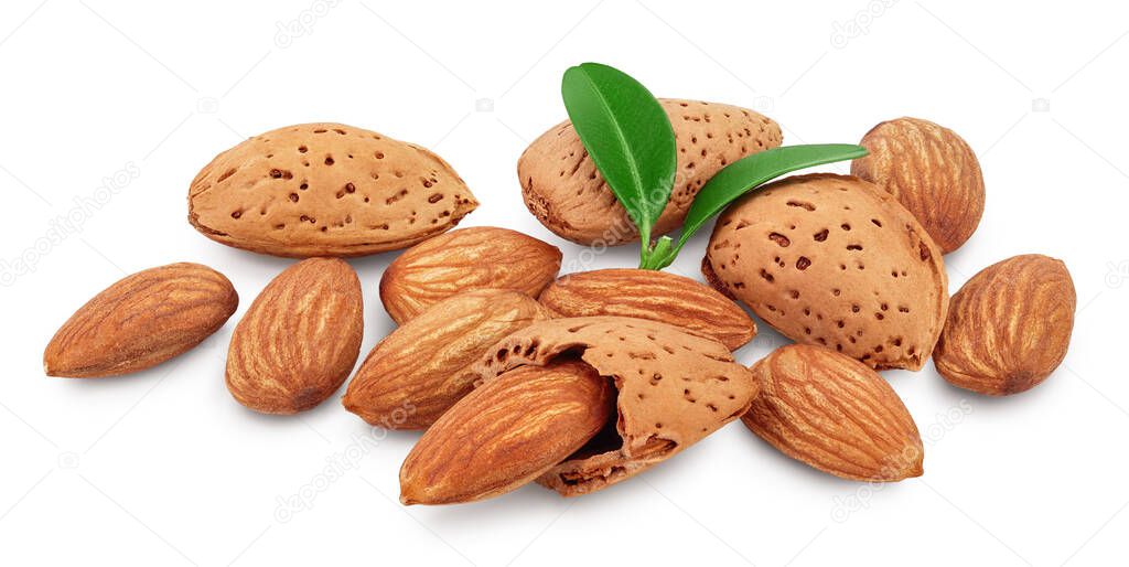 Almonds nuts with leaves isolated on white background with clipping path and full depth of field.
