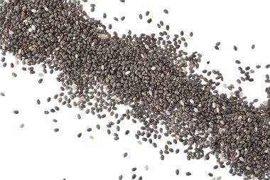 Chia tohumları kırpma yolu ve tam derinlikteki beyaz arkaplanda izole edildi. Üst Manzara. Düz yatıyordu.