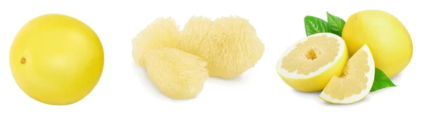 Pomelo met plak en blad geïsoleerd op witte achtergrond. Set of verzameling — Stockfoto