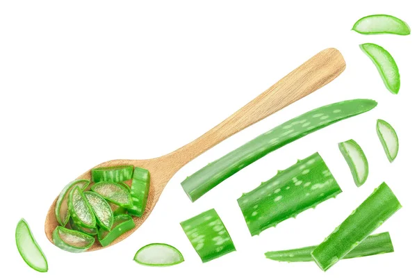 Aloe vera sliced in spoon isolated on white background . Top view. Flat lay with copy space for your text — Stok Foto