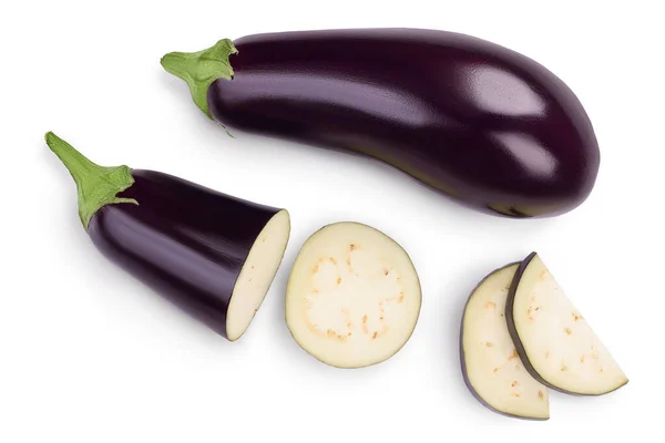 Eggplant or aubergine with slices isolated on white background. Clipping path and full depth of field. top, view, flat lay — Stock Photo, Image