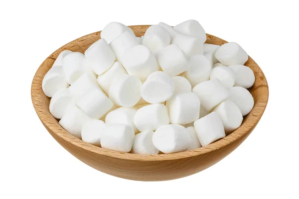 Marshmallow i trä skål isolerad på vit bakgrund med klippbana och full skärpedjup — Stockfoto