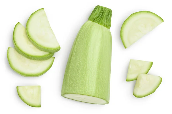 Zucchine o midollo isolati su sfondo bianco con percorso di ritaglio e piena profondità di campo. Vista dall'alto. Posa piatta — Foto Stock