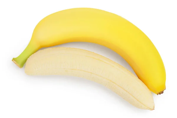 香蕉在白色的背景上被隔离，有切割路径和完整的田野深度。顶部视图。平躺在床上 — 图库照片