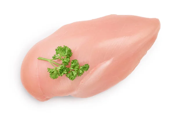 Fresh chicken fillet with parsley isolated on white background with clipping path and full depth of field. Top view. Flat lay — Stock Photo, Image
