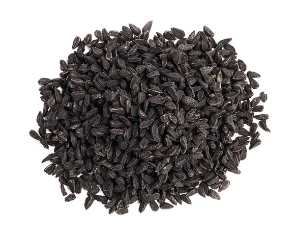 Nigella sativa oder Schwarzkümmel isoliert auf weißem Hintergrund. Ansicht von oben. Flache Lage. — Stockfoto