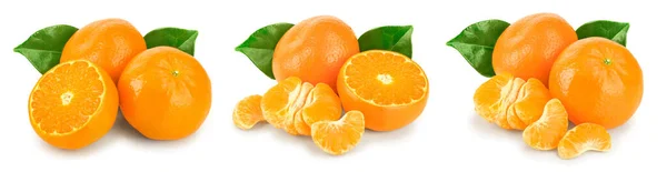 Mandarynka lub owoc mandarynki z liśćmi wyizolowanymi na białym tle. Zestaw lub kolekcja — Zdjęcie stockowe