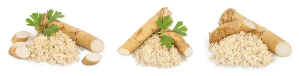 Horseradish root with slices and parsley isolated on white background Stock Image