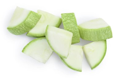 Kesme yolu ve tam alan derinliği ile beyaz zemin üzerinde izole edilmiş kabak ya da ilik. Üst Manzara. Düz yatıyordu