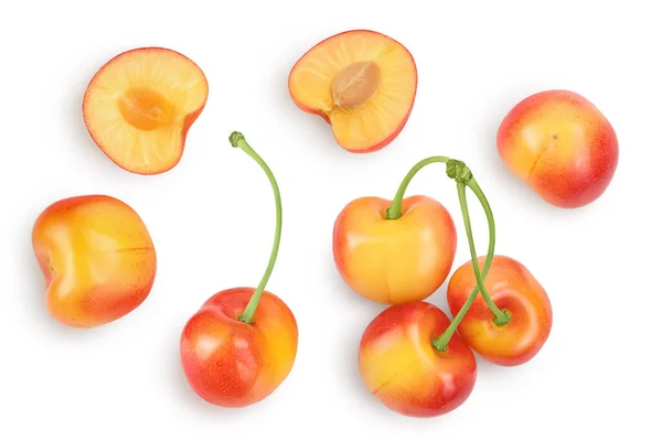 Yellow-red sweet cherry isolated on white background with clipping path . Top view. Flat lay — Stock Photo, Image