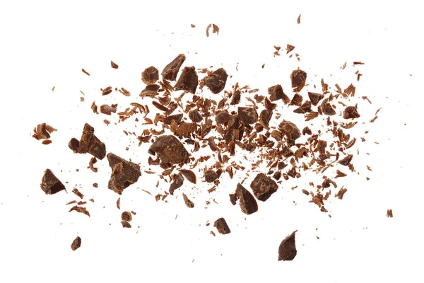 Chocolate ralado isolado em fundo branco. Vista superior — Fotografia de Stock