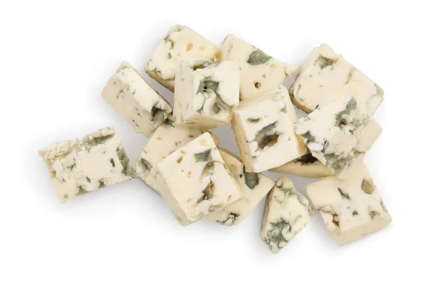 Κύβους Μπλε τυρί απομονώνονται σε λευκό φόντο με περικοπή διαδρομή και πλήρες βάθος του πεδίου. Στο πάνω μέρος. Επίπεδη. — Φωτογραφία Αρχείου