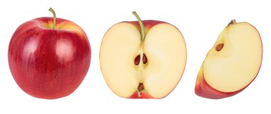 Beyaz arka planda yarı izole edilmiş kırmızı elma. Üst Manzara. Düz yatıyordu. Ayarla ya da topla