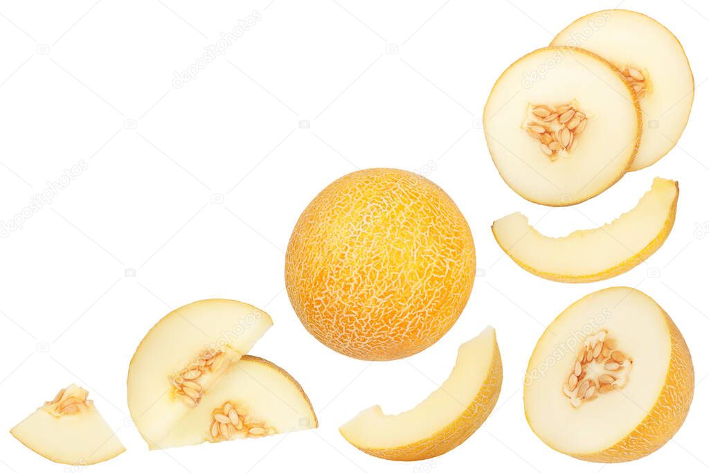 Melon slices isolated on white background with clipping path. Top view with copy space for your text. Flat lay