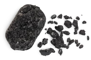 bbq kömür briketi, kırpma yolu ve tam derinlikteki beyaz arkaplanda izole edilmiş. Üst Manzara. Düz yatıyordu