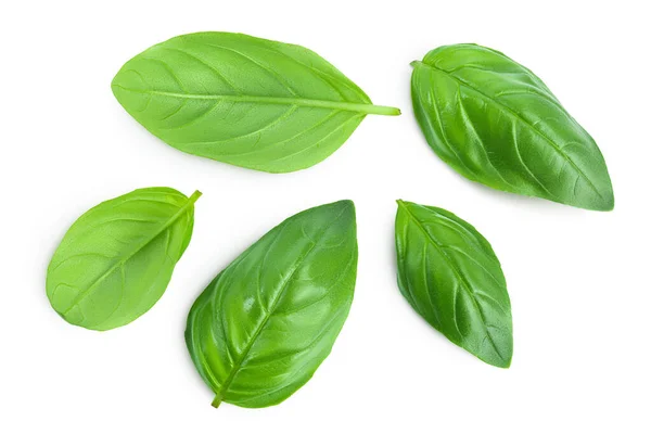 Fresh basil leaf isolated on white background with clipping path and full depth of field. Top view. Flat lay — Stock Photo, Image