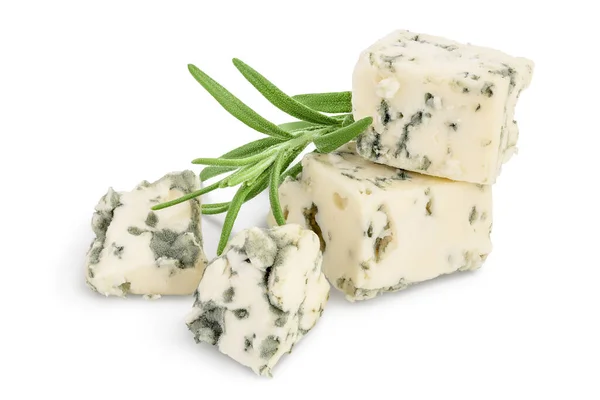 Diced Blue cheese with rosemary isolated on white background with clipping path and full depth of field. — Stock Photo, Image