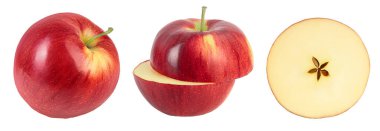 Beyaz arka planda yarı izole edilmiş kırmızı elma. Üst Manzara. Düz yatıyordu. Ayarla ya da topla
