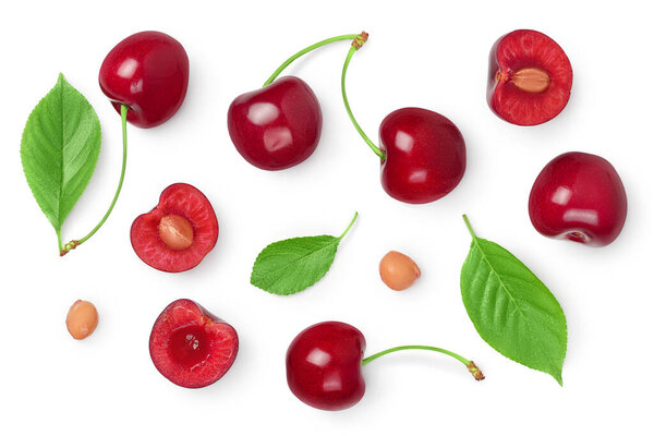 red sweet cherry isolated on white background with clipping path . Top view. Flat lay