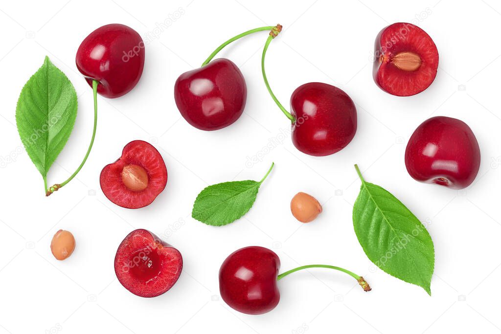 red sweet cherry isolated on white background with clipping path . Top view. Flat lay