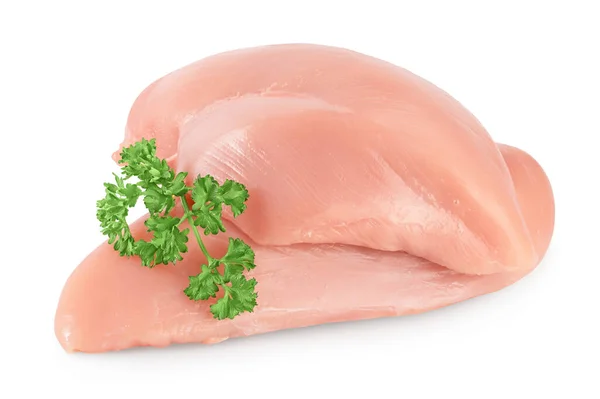 新鮮な鶏の切り身とパセリの切り身クリッピングパスとフィールドの完全な深さと白の背景に隔離. — ストック写真