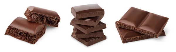 Małe kawałki ciemnej czekolady odizolowane na białym tle ze ścieżką wycinania. Zestaw lub kolekcja — Zdjęcie stockowe